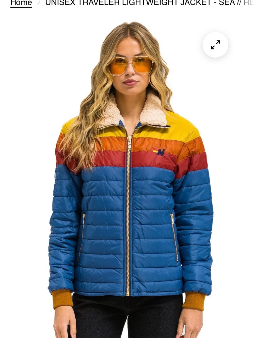 Aviator Nation Colorblock Puffer Jacket in Blue, Red & Yellow with Sherpa Collar